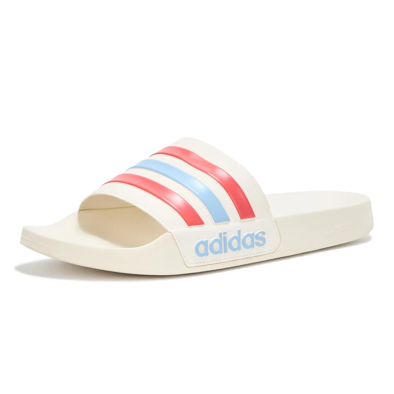 adidas Unisex Adult Adilette Shower Slip On Slides, Off White/Blue/Preloved Scarlet, 19 Women/18 Men