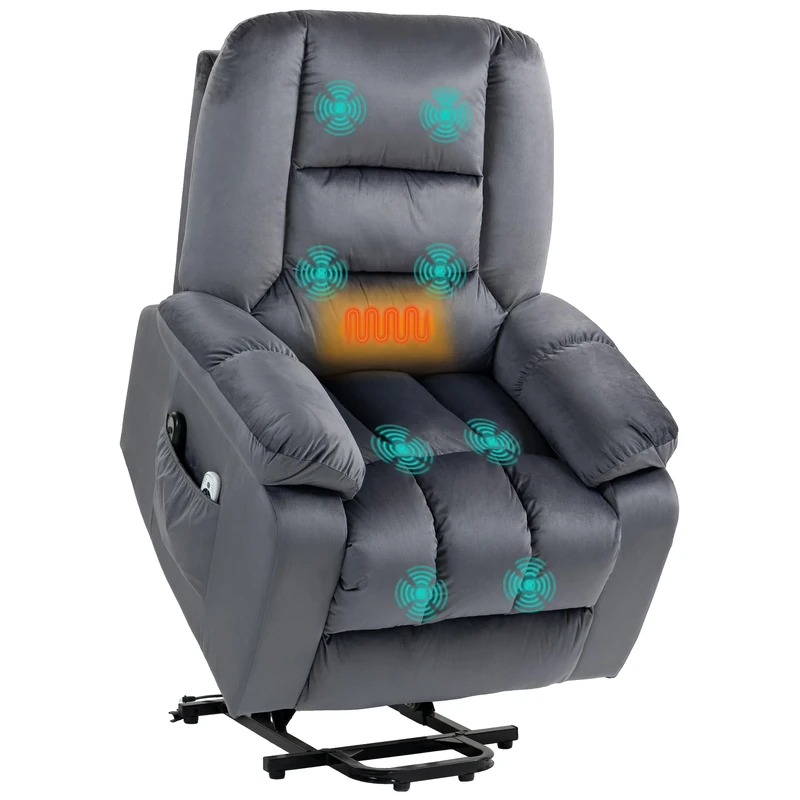 HOMCOM Velvet Riser and Recliner Chair for the Elderly, Quick Assembly, Fabric Overstuffed Lift Chair with Vibration Massage and Heat, Remote Control, Side Pockets, Grey