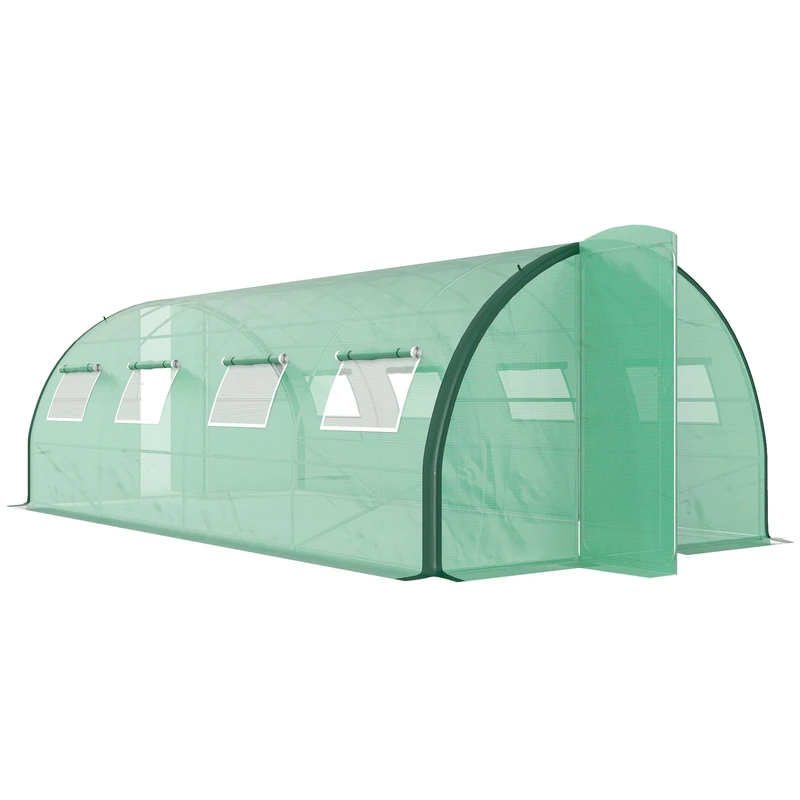 Outsunny 6 x 3(m) Walk-in Polytunnel Greenhouse with Upgraded Structure, 2 Hinged Doors, 8 Mesh Windows, Tunnel Warm House Tent with UV-resistant PE Cover, Green