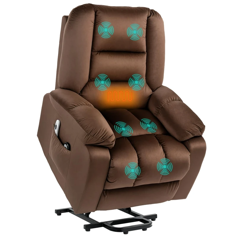 HOMCOM Velvet Riser and Recliner Chair for the Elderly, Quick Assembly, Fabric Overstuffed Lift Chair with Vibration Massage and Heat, Remote Control, Side Pockets, Dark Brown