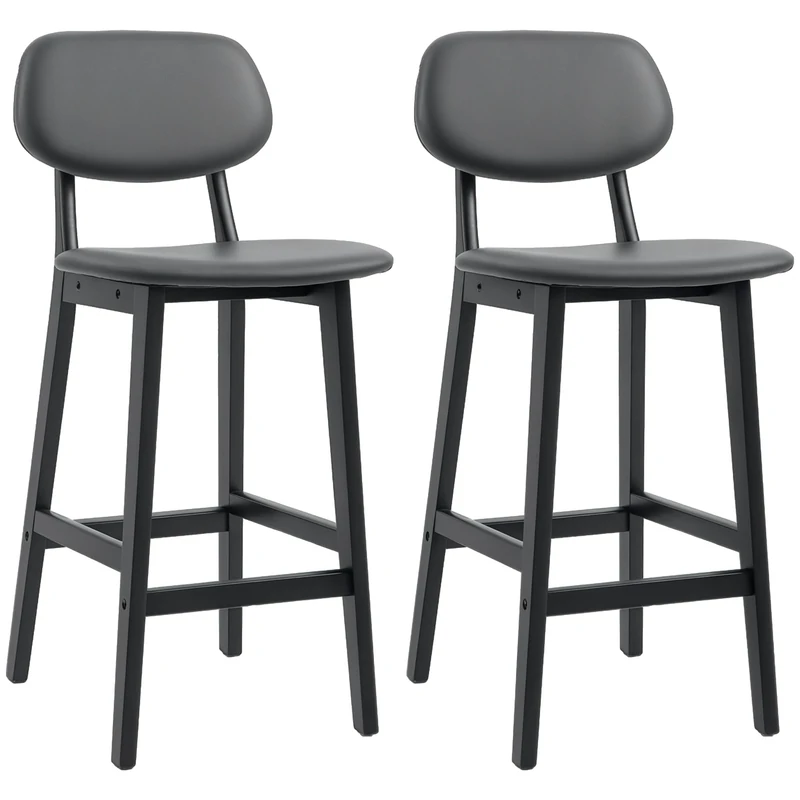 HOMCOM Bar Stools Set of 2, Breakfast Bar Chairs, PU Leather Upholstered Kitchen Stools with Backs, Footrests and Solid Wood Legs, Dark Grey