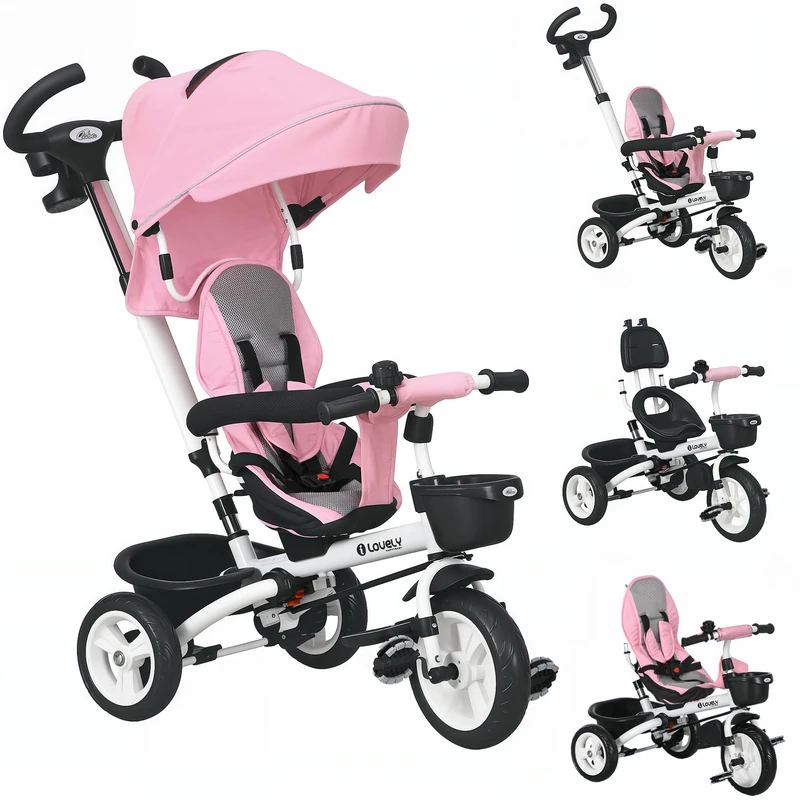 HOMCOM 6 in 1 Baby Trike for 1-5 Years, Toddler Tricycle Folding Bike with Parent Handle, Reversible Seat, Storage Basket, Canopy, 5-point Seat Harness, Pink