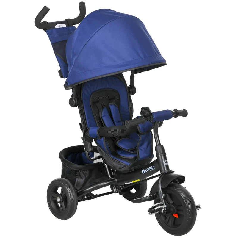 HOMCOM 6 in 1 Trike, Kids Tricycle, Pedal Push Bike w/Push Handle, Removable Canopy, 5-point Safety Belt, Storage, Cushion, Footrest, Brake, for 1-5 Years Toddler, Dark Blue - Image 1