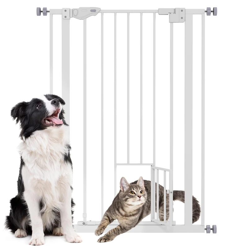 PawHut Extra Tall Dog Gate with Cat Door Auto Close for Stairs 74-80 cm Wide