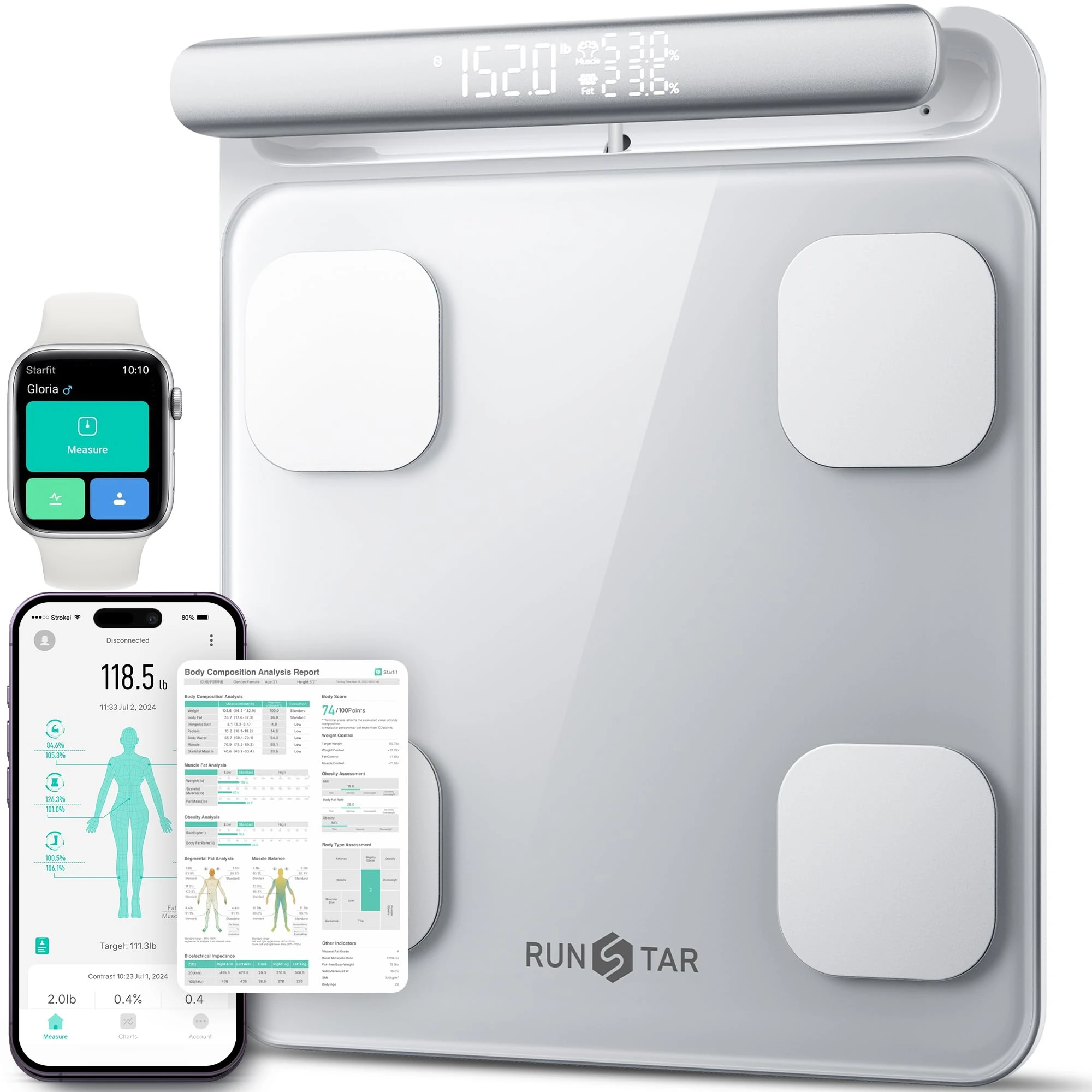 Runstar Smart Scale for Body Weight and Fat Percentage 8-Electrode, Bathroom Scale FSA or HSA Eligible Digital Handle Display with BMI, Body Fat & Muscle Mass 28 Body Composition and Body Score Report