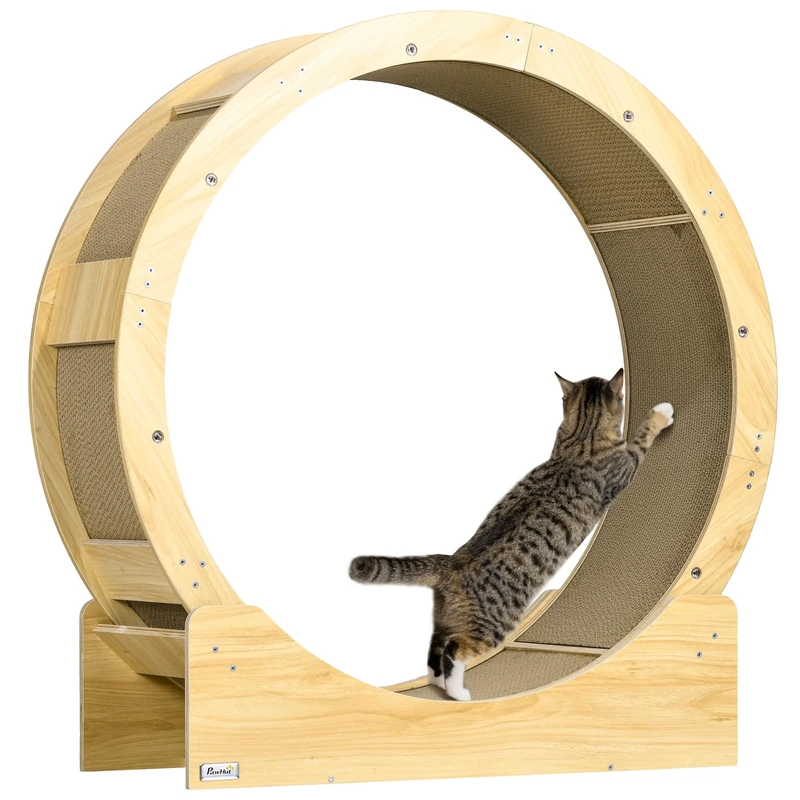PawHut Cat Wheel for Indoor, Cat Treadmill with Brake, Scratching Pads,Exercise Wheel for Health - Oak Tone - Image 1