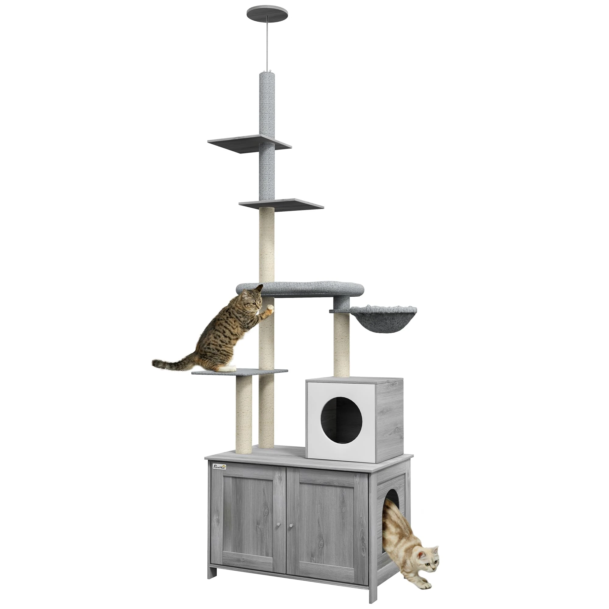 PawHut 2-in-1 Hidden Litter Box with Floor-To-Ceiling Cat Tree, Indoor - Grey