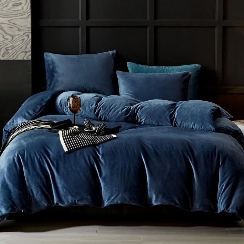 WARMDERN Navy Flannel Velvet Duvet Cover Queen Size, 3-Piece