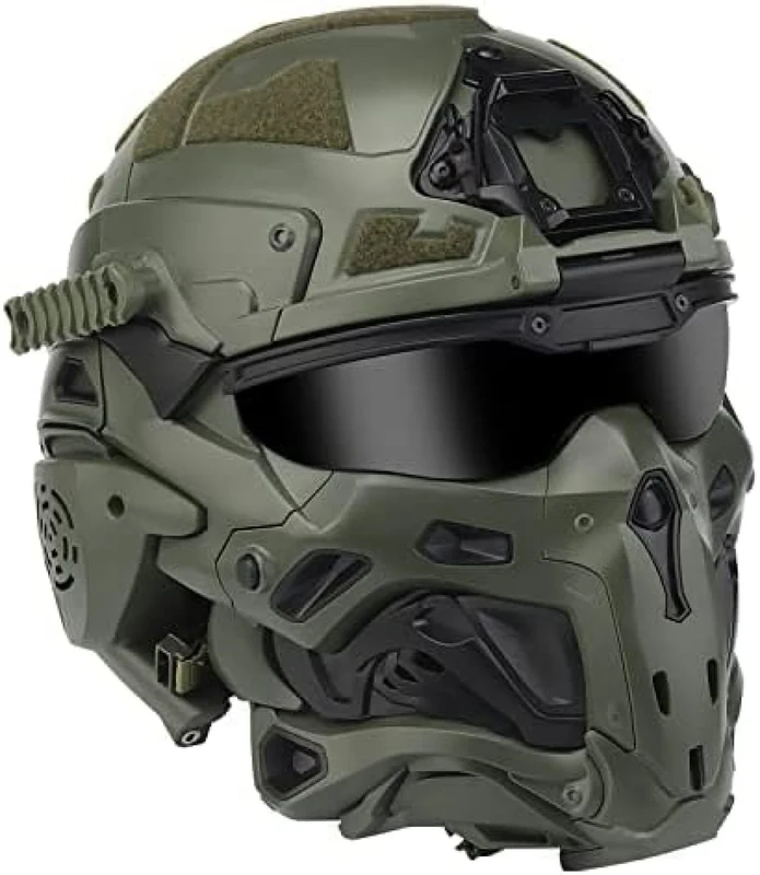 Tactical Airsoft Paintball Fast Helmet, Adjustable Military Full-Face Protective Mask Set, Built-In HD Headphones And Anti-Fog Fan,Green