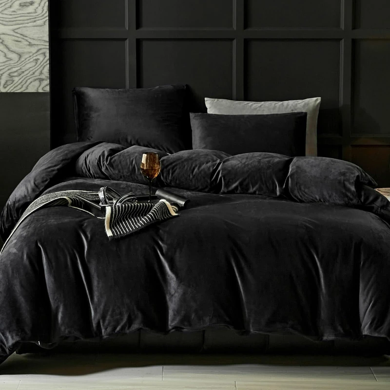 WARMDERN Black Flannel Velvet Duvet Cover Queen Size, 3-Piece