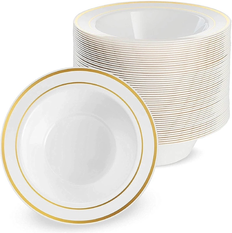 MATANA 100 Premium White Plastic Bowls with Gold Rim, 360ml - Elegant, Sturdy & Reusable - Soup & Dessert Bowls for Weddings, Birthdays, BBQ, Buffets, Catering, Parties