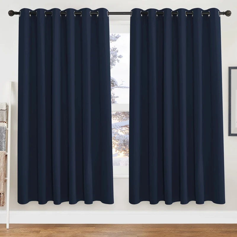 PONY DANCE Blackout Thermal Insulated Curtains for Living Room Navy Eyelet Extra Wide Black Out Curtains for Window Treatment Boys Bedroom/Nersery, W90 X L72 Inch, Navy Blue