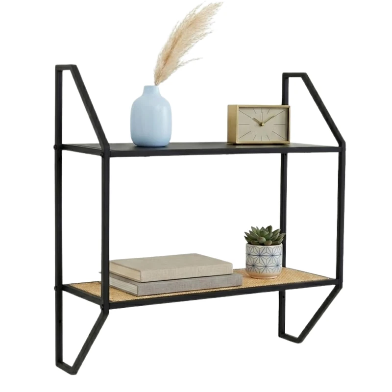 Premier Housewares 2 Tier Rattan and Metal Wall Shelf | Display Unit