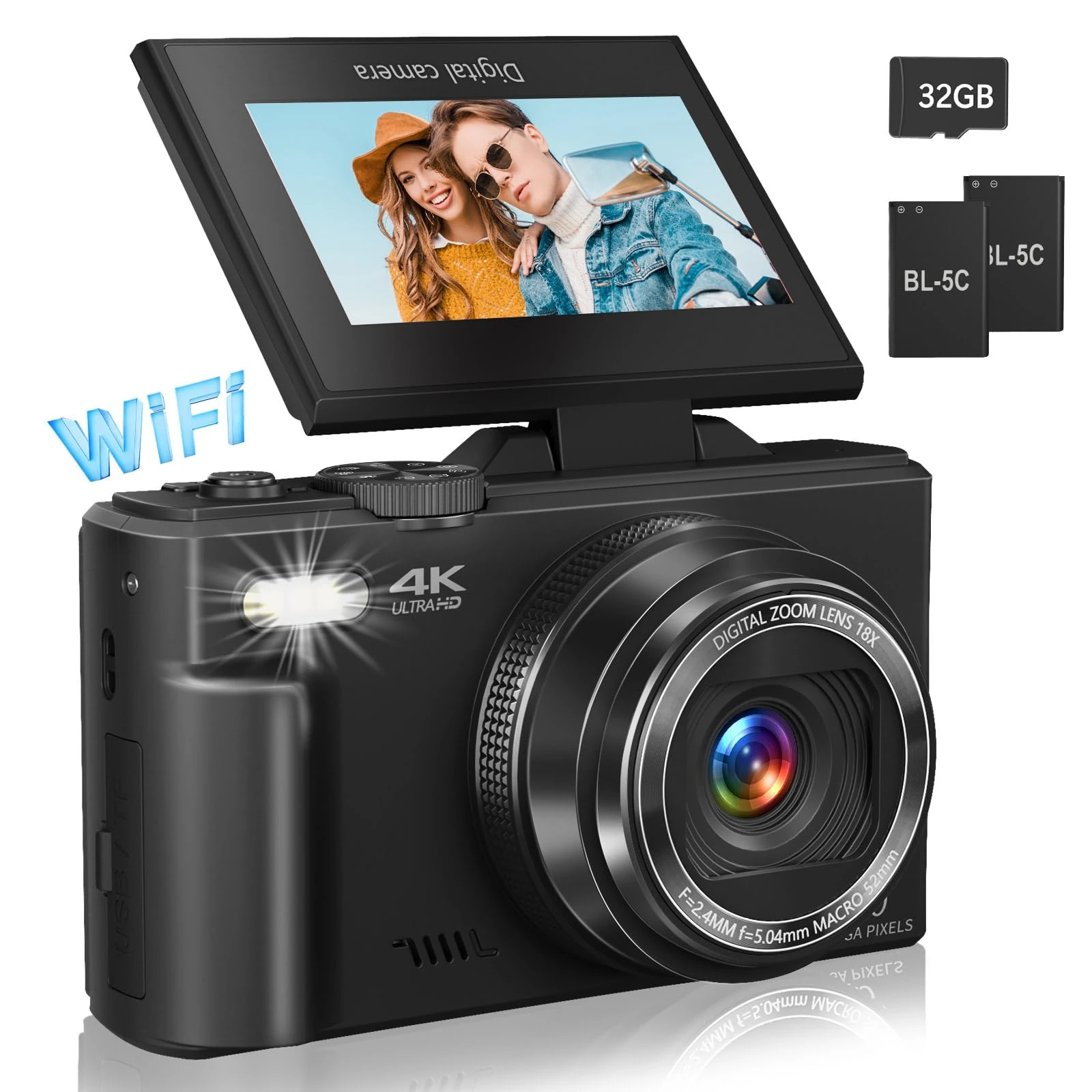 4K Digital Camera for Photography, WiFi 64MP Autofocus Vlogging Camera for YouTube with 3" 180°Flip Screen, 18X Digital Zoom Compact Vlog Travel Camera with 32GB SD Card, Batteries, Black