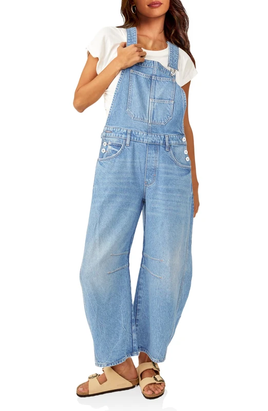 PLNOTME Womens Denim Bib Overalls Barrel Leg Adjustable Strap Jean Pants Jumpsuits with Pockets, Light Blue, X-Small