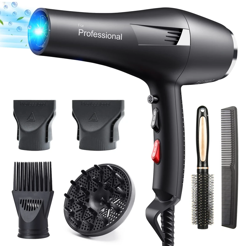 HappyGoo Hair Dryer Professional Ionic Hairdryer Fast Drying Salon with 2 Speed 3 Heat Setting, Cool Button, with Diffuser, Nozzle, Concentrator Comb for Women Man (Black)
