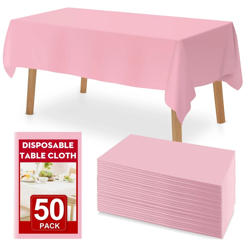 RowinsyDD 50 Pack Pink Plastic Table Cloths Disposable，54 x 108 Inches Plastic Table Cover for Rectangle Tables，Disposable Tablecloth for Dinning，Parties，BBQ，Wedding，Outdoor