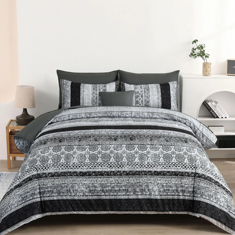Cottolester Boho Queen Size Comforter Set 8 Pieces,Gray Bohemian Striped Bed in a Bag,Floral Soft Microfiber Bedding Comforter Set