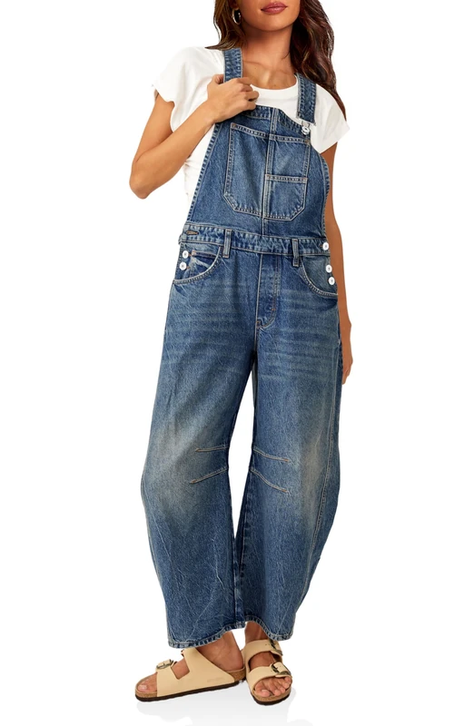 PLNOTME Womens Denim Bib Overalls Barrel Leg Adjustable Strap Jean Pants Jumpsuits with Pockets, Blue, X-Small