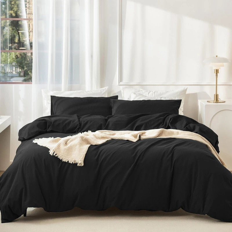 JIYUAN 100% Washed Cotton Duvet Cover Set 3 Pieces Super Queen, 1 Duvet Cover 90x98 Inches(Comforter Not Included) and 2 Pillowcases,Linen Feel Bedding Set Comfy and Breathable,Black