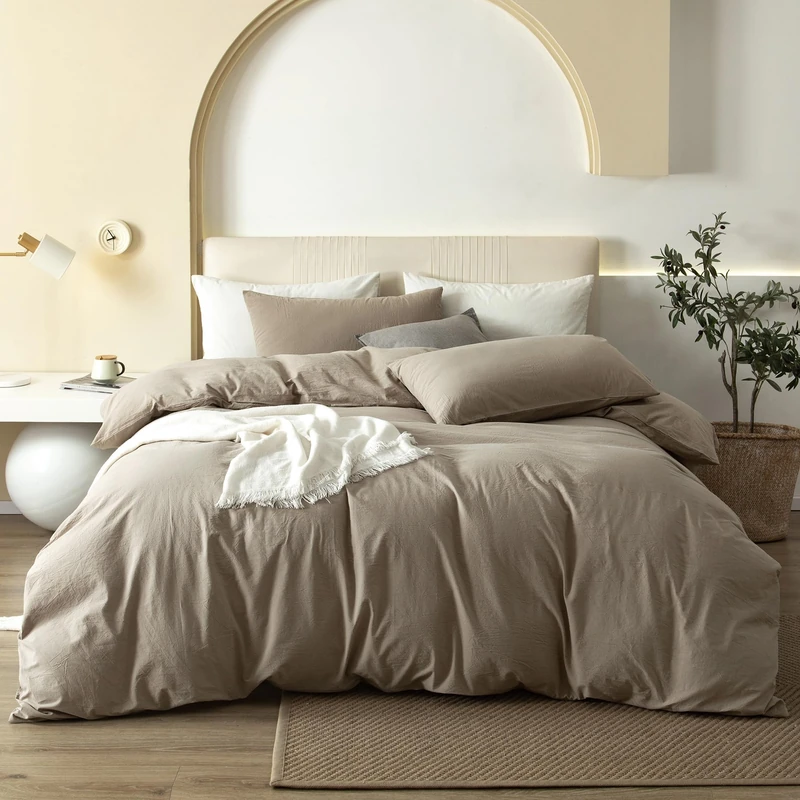 JIYUAN 100% Washed Cotton Duvet Cover Set 3 Pieces Full, 1 Duvet Cover 80x90 Inches(Comforter Not Included) and 2 Pillowcases,Linen Feel Bedding Set Comfy and Breathable,Khaki
