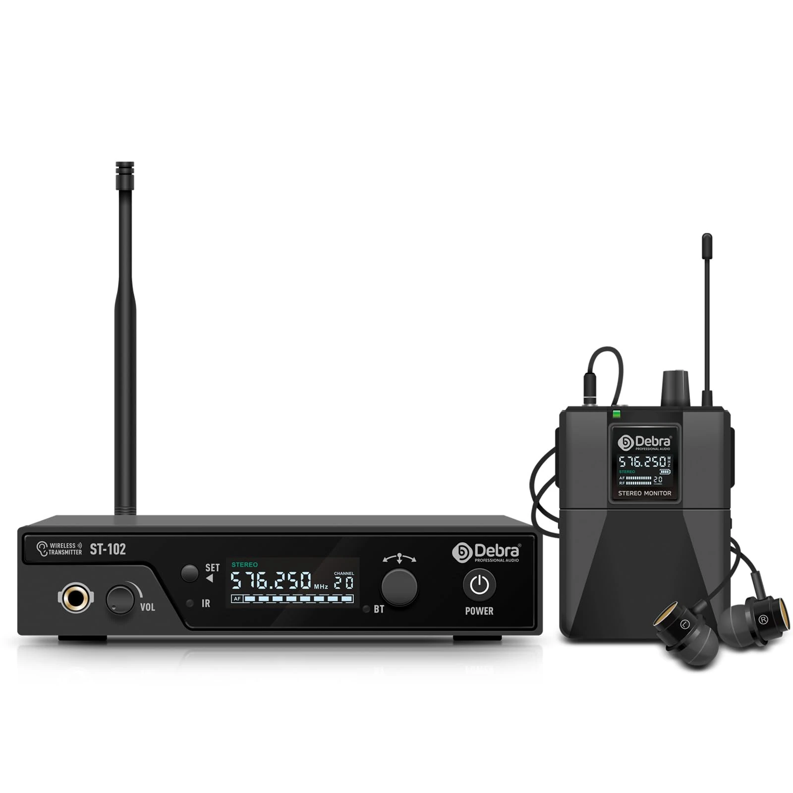 D Debra UHF ST-102 Wireless in Ear Monitor System stereo sound 300M,Professional IEM Stereo System with in Earphone Wireless Type Used for Stage or Studio(1 Backpack)