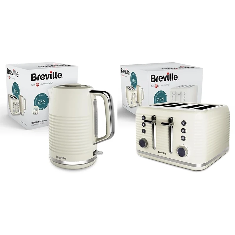 Breville Zen Electric Kettle and Zen 4-Slice Toaster | Cream & Silver Chrome [VKT251 + VTR028]