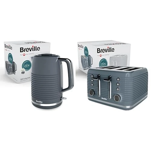 Breville VKT250 Grey Electric Kettle & VTR027 4-Slice Toaster in Silver Chrome