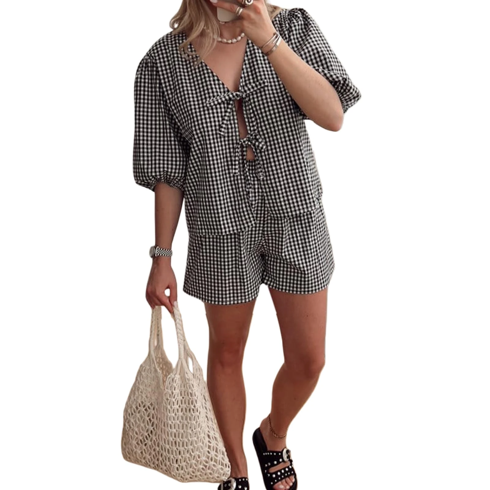 Geagodelia Women's 2 Pieces Outfit Summer Ladies Co Ord Set Peplum Tie Front Blouse Babydoll Top + Shorts Y2k Aesthetic Clothes Lounge Wear Workout (D - Black Gingham, S)