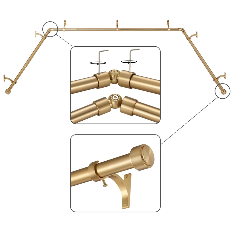 Mayrhyme Bay Window Curtain Rods with Aluminum End Caps and Brackets, Adjustable Center Rod for Window (24-72 inch), 36-72 inch, Side Rods for Window (16-32 inch), 1 inch