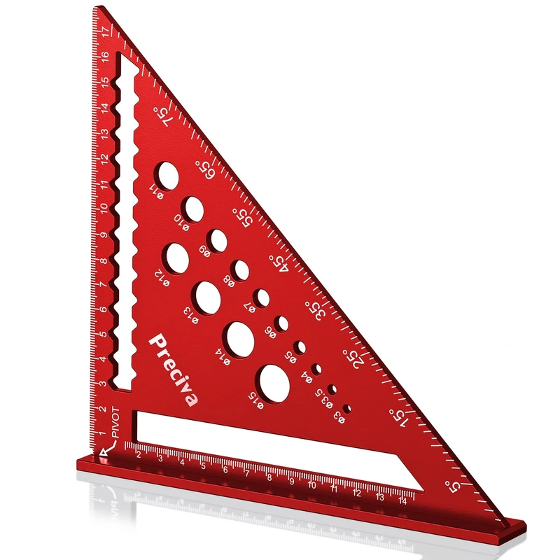 Speed Square, Preciva 18cm / 7in Set Square, Triangle Ruler with 14 Types of Drill Holes, Aluminium Alloy