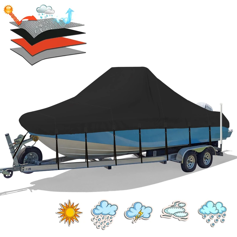 Solim Center Console Boat Cover, 16'-18.5' 1300D Waterproof PU Heavy Duty Trailerable Boat Cover for Center Console Boat, Marine Grade Oxford UV Resistant Polyester Canvas with Tie Down Strap, Black