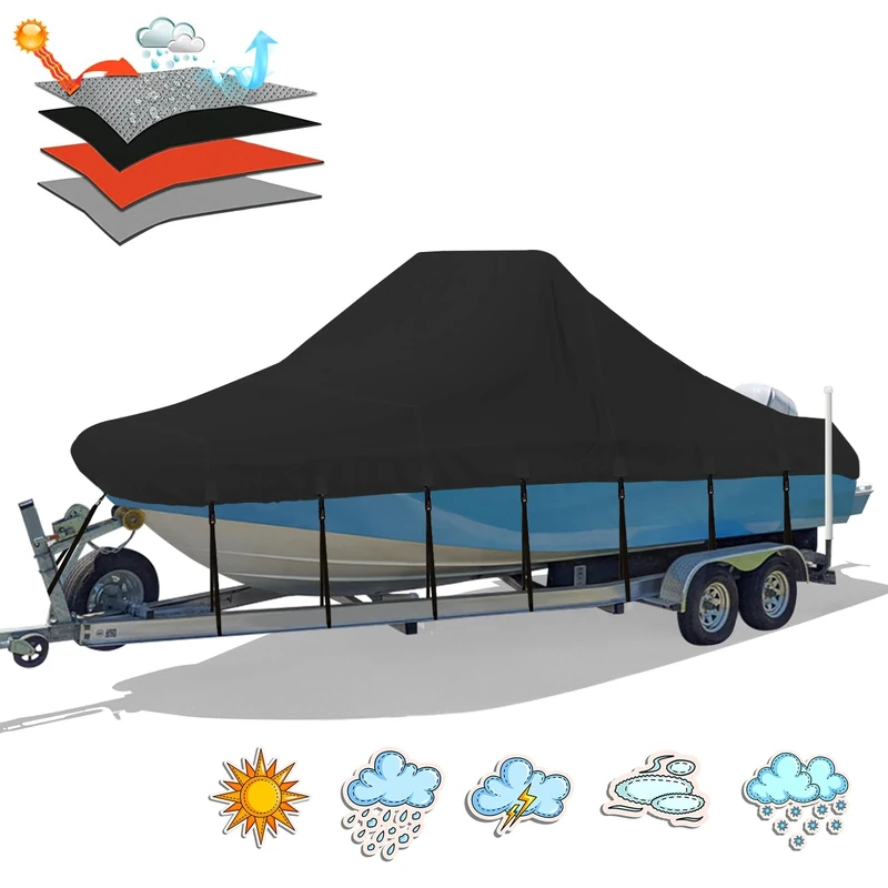 Solim Center Console Boat Cover, 17'-19' Waterproof 900D PU Heavy Duty Trailerable Boat Cover for Center Console Boat, Marine Grade Oxford UV Resistant Polyester Canvas with 18 Tie Down Straps, Black