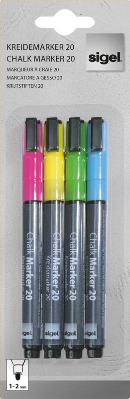SIGEL GL179 Chalk Marker 20, Round-tip 1-2 mm, Pink/Green/Yellow/Blue, 48 pcs.