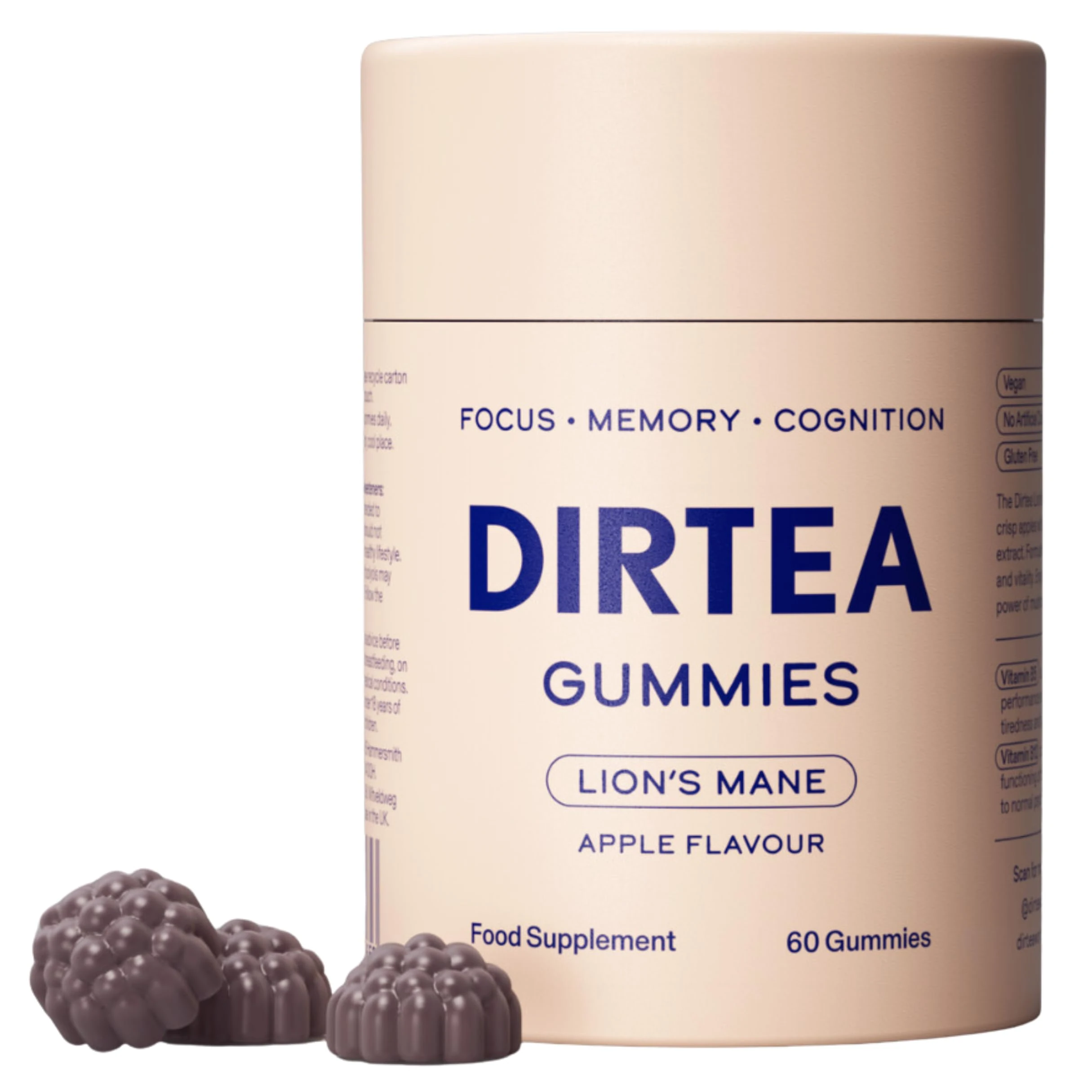 DIRTEA Lion's Mane Mushroom Gummies (60 Gummies) - 2,400mg per Serving - Vegan, Natural & Sugar Free with Vitamin B12 & B5 - Apple Flavour