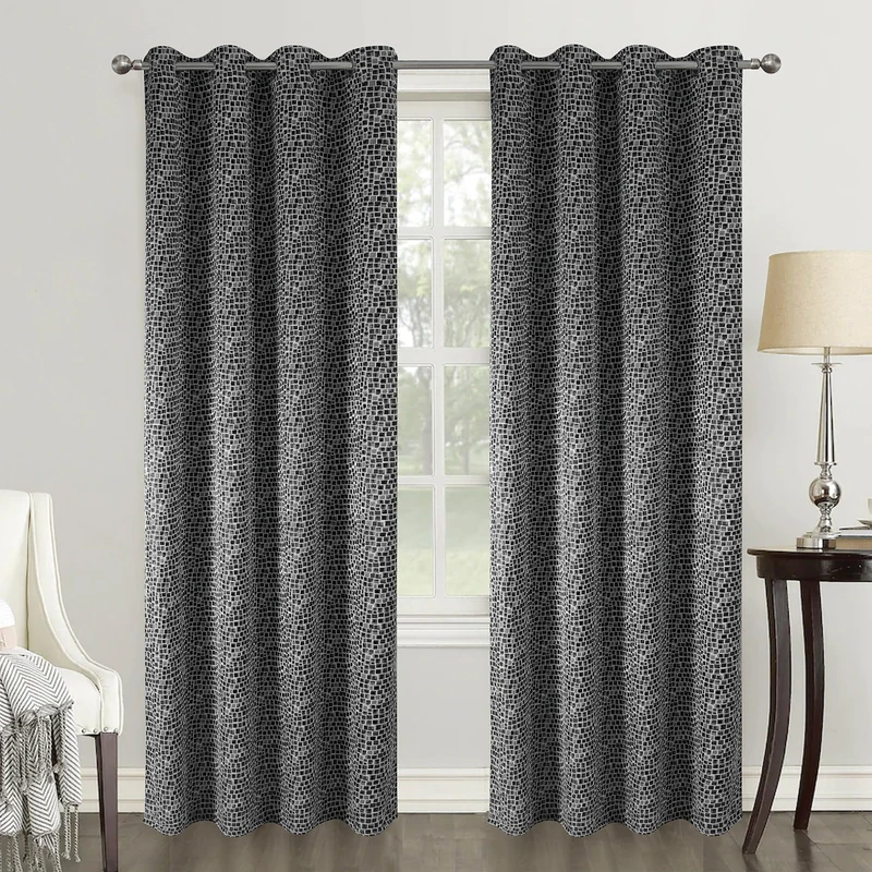 Homemaison - Pair of Blackout Curtains Geometric Style - Polyester - Embossed Square Pattern - For Living Room Bedroom Window - 140 x 260 cm - Black