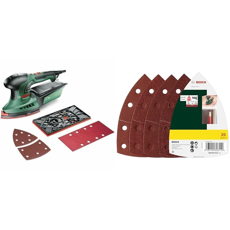 Bosch PSM 200 AES - Power Sanders + 25 pcs. Sanding Sheet Set (for Wood, Body Fillers, Paint, Varnish, Grit 40/80/120/180, 11 Holes, 102 x 62.93 mm, Accessories for Multi-Sanders)