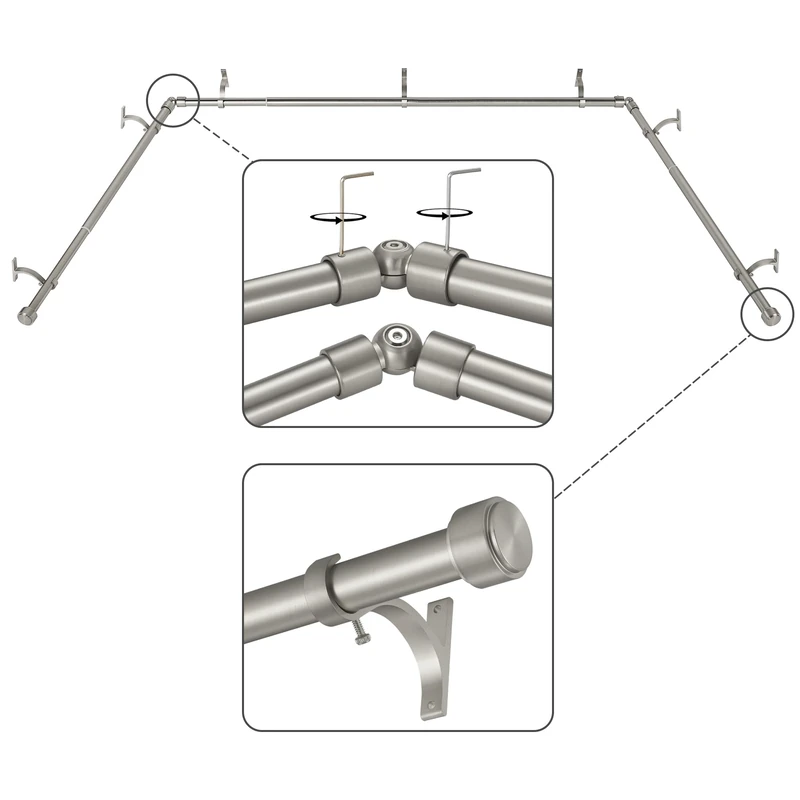 Mayrhyme Brushed Nickel Bay Window Curtain Rods with Aluminum End Cap Finials and Brackets,Adjustable 36-72 Inch Center Rod for windows (24-68’’), 20-36 Inch Side Rods for windows (16-32’’)