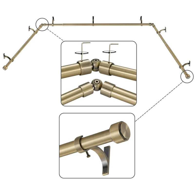 Mayrhyme Antique Bronze Bay Window Curtain Rods with Aluminum End Cap Finials and Brackets,Adjustable 36-72 Inch Center Rod for windows 24-68’’, 20-36 Inch Side Rods for windows 16-32’’