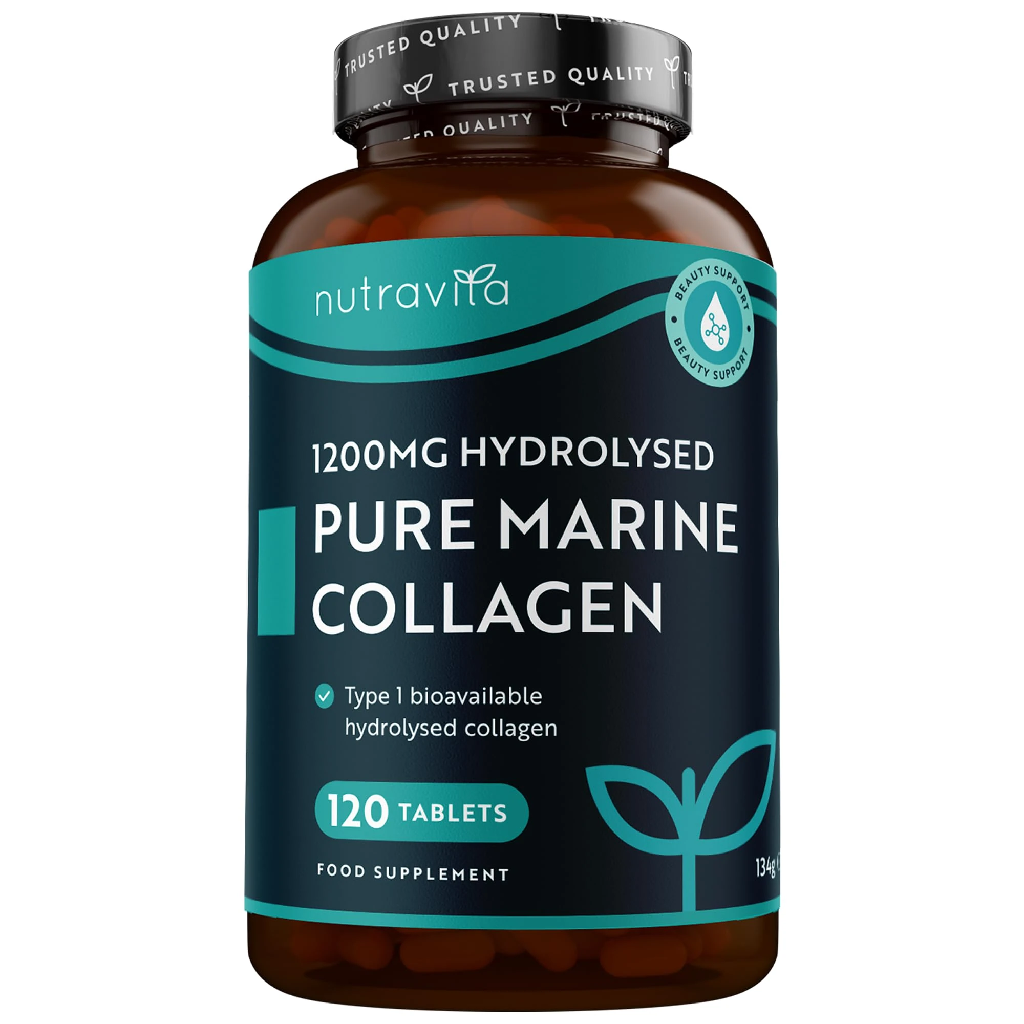 Pure Marine Collagen 1200mg Bioavailable Hydrolysed Collagen Peptides - 120 Collagen Tablets - Collagen Supplements for Women & Collagen for Men Alternative to Marine Collagen Capsules - Nutravita