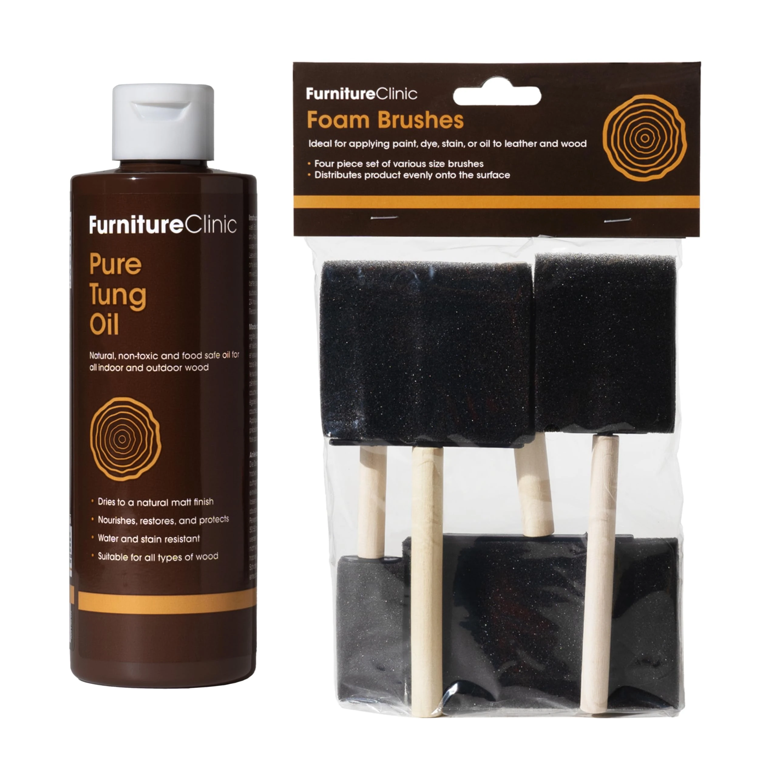 Furniture Clinic Pure Tung Oil for Wood & Foam Brush Set | Food Safe Wood Oil for Interior or Exterior Use | Add Protection & Nourish Wood Surfaces | Sponge Brushes for Indoor or Outdoor Application