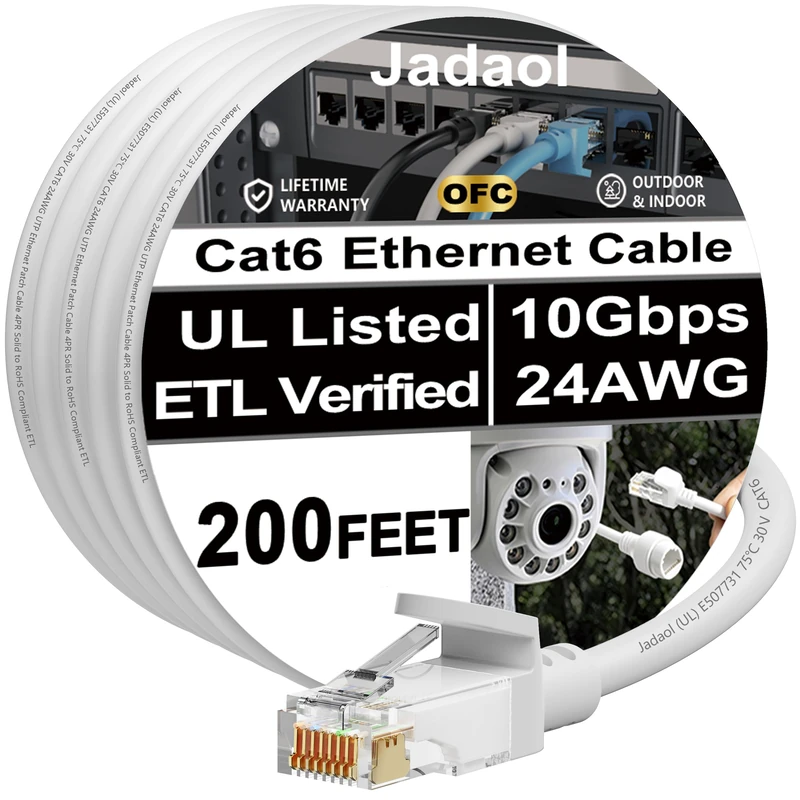 Jadaol Cat 6 Ethernet Cable 200ft (60.96m), Outdoor&Indoor, Support Cat8/7 Network LAN Cable, 10Gbps Cat6 UTP 24AWG Pure Copper RJ45 Internet LAN Patch Cord for Router, Modem, Switch, PoE, White