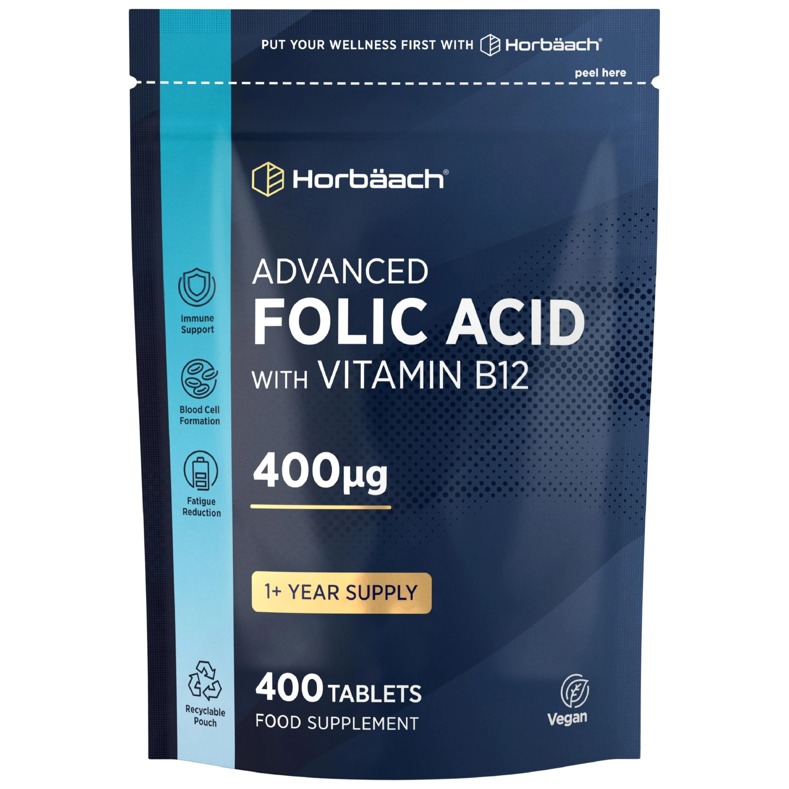 Folic Acid Tablets 400mcg | 400 Count (1+ Year Supply) | with Added 5mcg of Vitamin B12 Cyanocobalamin | Pregnancy Support | Suitable for Vegans | by Horbaach