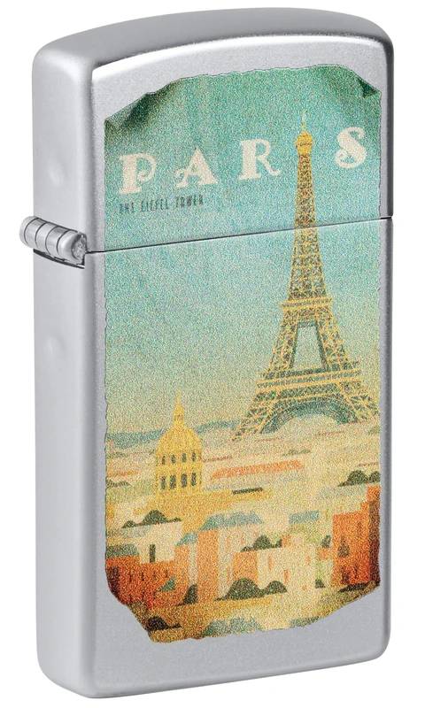 Zippo Windproof Lighter - Paris, Slim Satin Chrome, Colour Image, Refillable, Reusable, Windproof Design, Gift Box, Made in USA