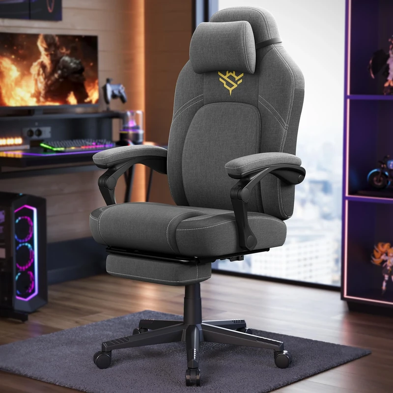 SONGMICS HOME Gaming Chair, Ergonomic Computer Chair with Footrest, Video Game Chair with Headrest, Cotton-Linen Fabric, Adjustable Height, Dove Grey OBG072G02
