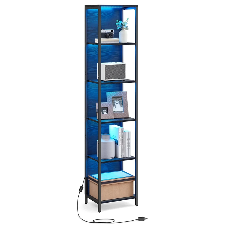 VASAGLE 6-Tier LED Bookcase, Bookshelf with Dimmable Lights, Storage Shelf with Steel Frame, 30.3 x 40 x 178.6 cm, for Living Room, Bedroom, Office, Ebony Black LLS121B58