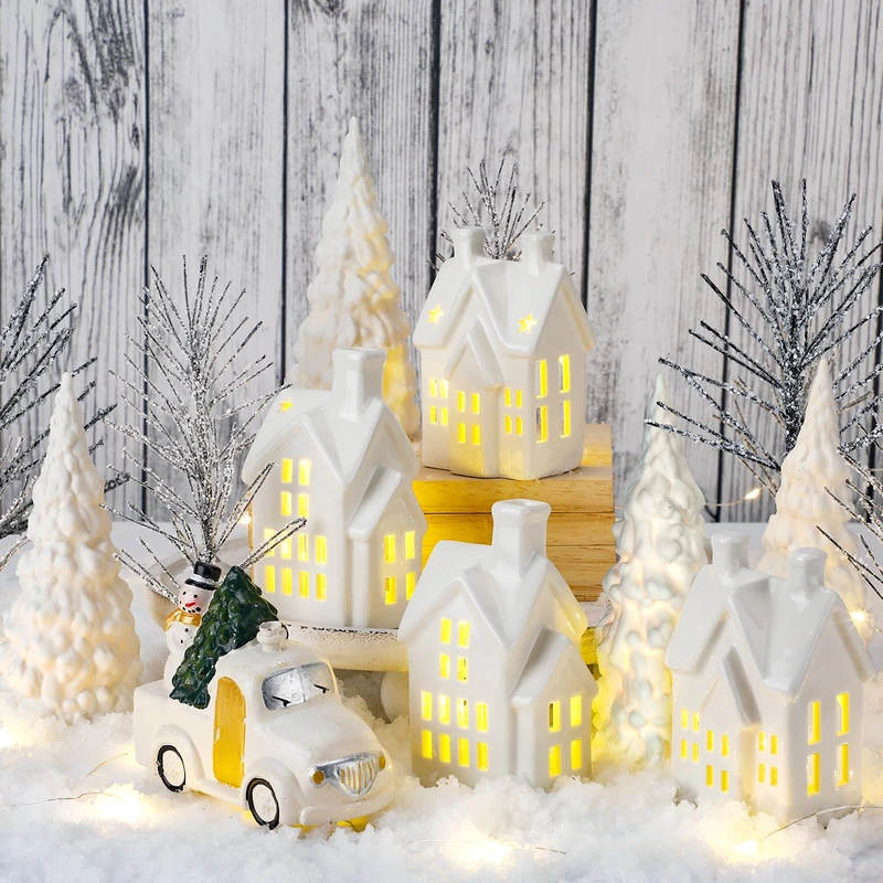 DoubleFill 17 Pcs Ceramic White Christmas Village Sets Winter Village Houses Ceramic Christmas Tree Porcelain Plastic Vintage Truck Snow Covered Branch Trees for Xmas Party Table Decorations