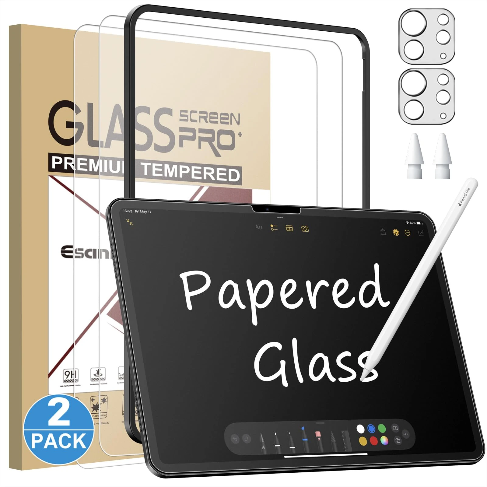 Esanik Feel like Paper for iPad Pro 13 Inch 2024 Tempered Glass, 9H Matte Screen Protector for iPad Pro 13 M4 with Camera Lens Protector, Anti-Fingerprint (2+2 PCS)