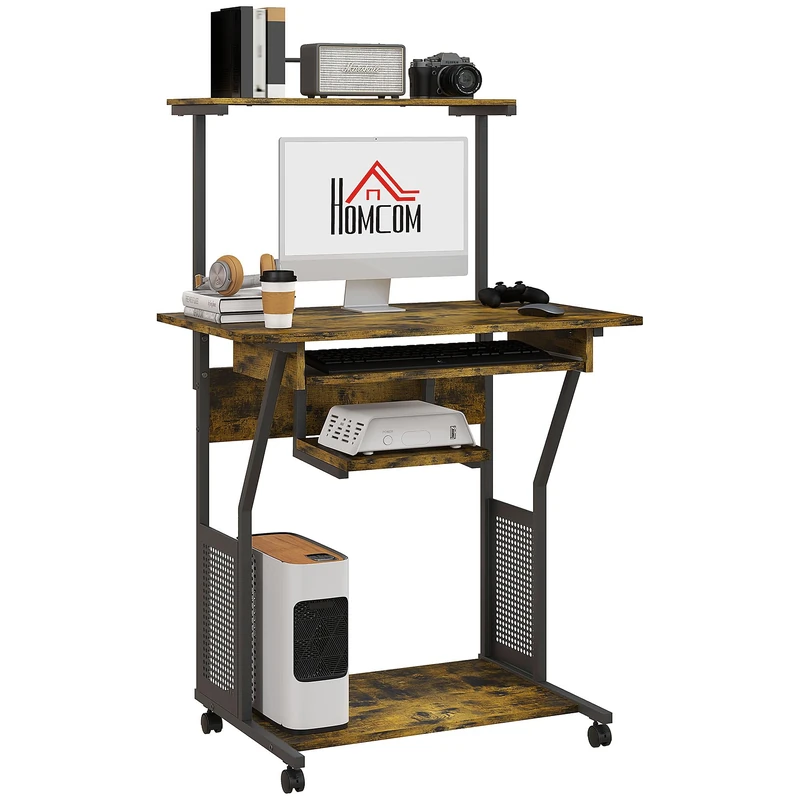 HOMCOM Mobile Computer Desk with Keyboard Tray, Rolling Study Table with Storage Shelves and Wheels, Industrial Writing Desk for Home Office, 80 x 50 x 130cm, Rustic Brown