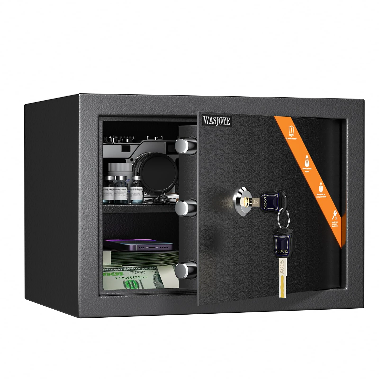 WASJOYE Safe Box with Key Lock, High Security Safety Box, 16L Steel Lock Safes for Home/Office, Cabinet Safe Lock Box with Keys for Money Cash Jewelry Medicine Passport, 25 * 35 * 25CM